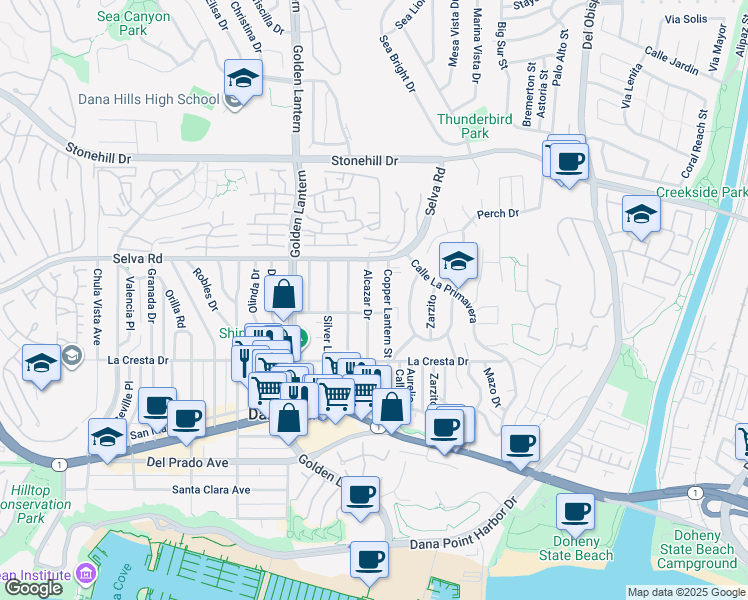 map of restaurants, bars, coffee shops, grocery stores, and more near 33862 Alcazar Drive in Dana Point
