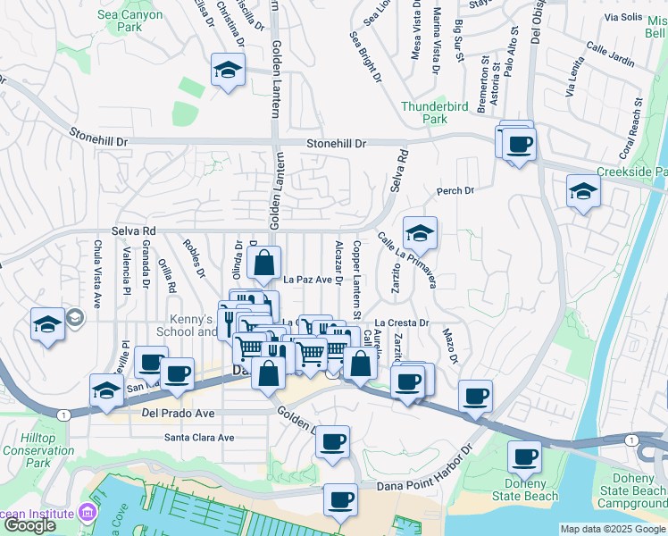 map of restaurants, bars, coffee shops, grocery stores, and more near 33862 Alcazar Drive in Dana Point
