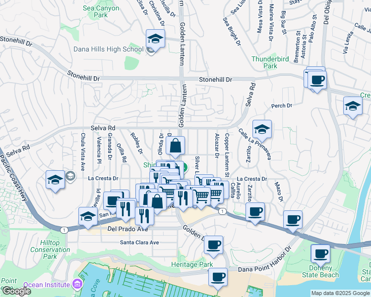map of restaurants, bars, coffee shops, grocery stores, and more near 24762 La Paz Avenue in Dana Point