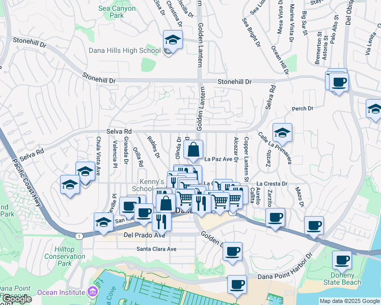 map of restaurants, bars, coffee shops, grocery stores, and more near 33861 Diana Drive in Dana Point