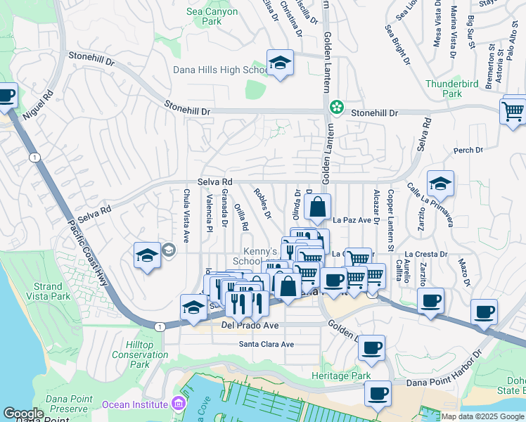 map of restaurants, bars, coffee shops, grocery stores, and more near 33858 El Encanto Avenue in Dana Point