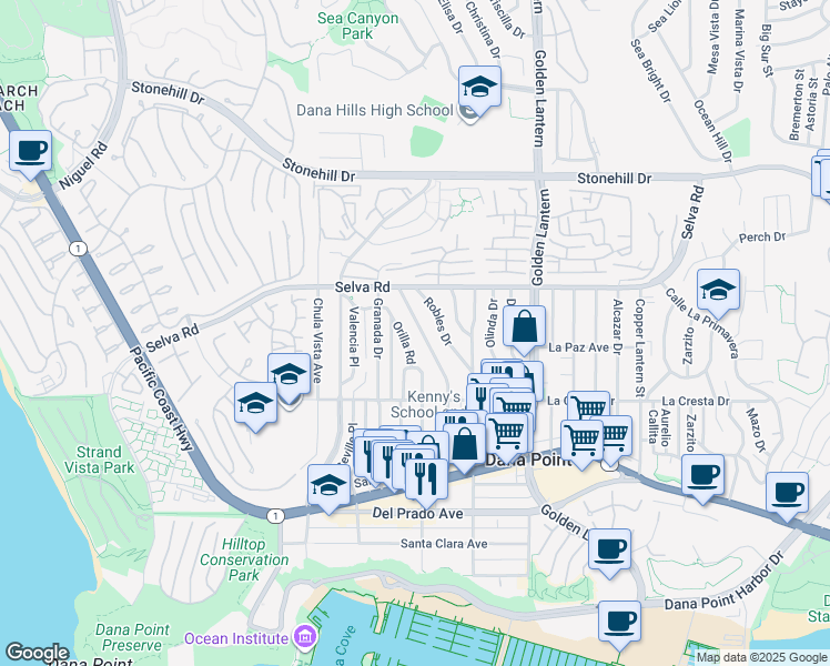 map of restaurants, bars, coffee shops, grocery stores, and more near 33858 El Encanto Avenue in Dana Point