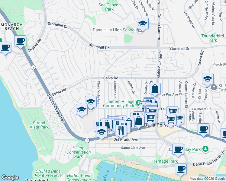 map of restaurants, bars, coffee shops, grocery stores, and more near 33852 Granada Drive in Dana Point