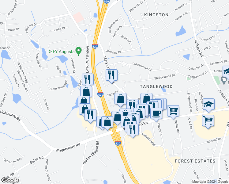 map of restaurants, bars, coffee shops, grocery stores, and more near 2 Fister Court in Augusta