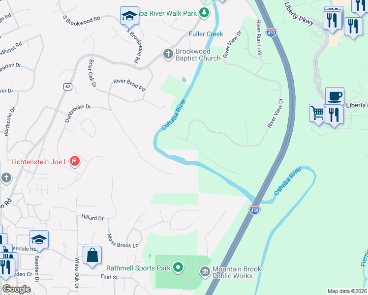 map of restaurants, bars, coffee shops, grocery stores, and more near 4116 Riverview Cove in Vestavia Hills