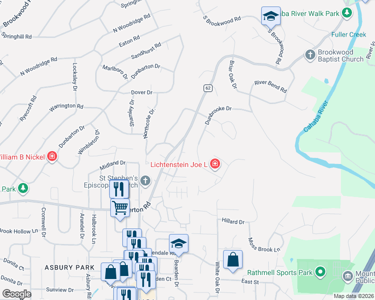 map of restaurants, bars, coffee shops, grocery stores, and more near 3321 Kensington Lane in Vestavia Hills