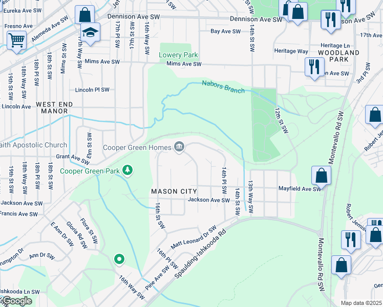 map of restaurants, bars, coffee shops, grocery stores, and more near 52 Arthur Shores Drive Southwest in Birmingham