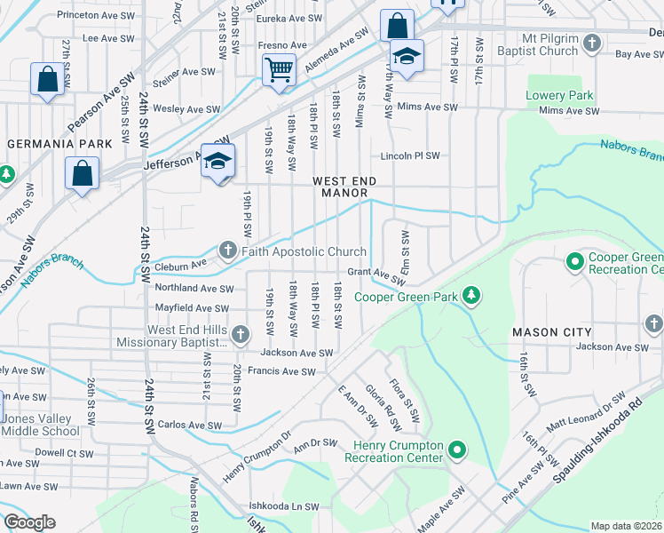 map of restaurants, bars, coffee shops, grocery stores, and more near 1601 18th Street Southwest in Birmingham