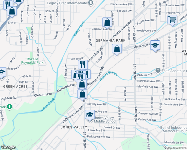 map of restaurants, bars, coffee shops, grocery stores, and more near 3010 Jefferson Avenue Southwest in Birmingham
