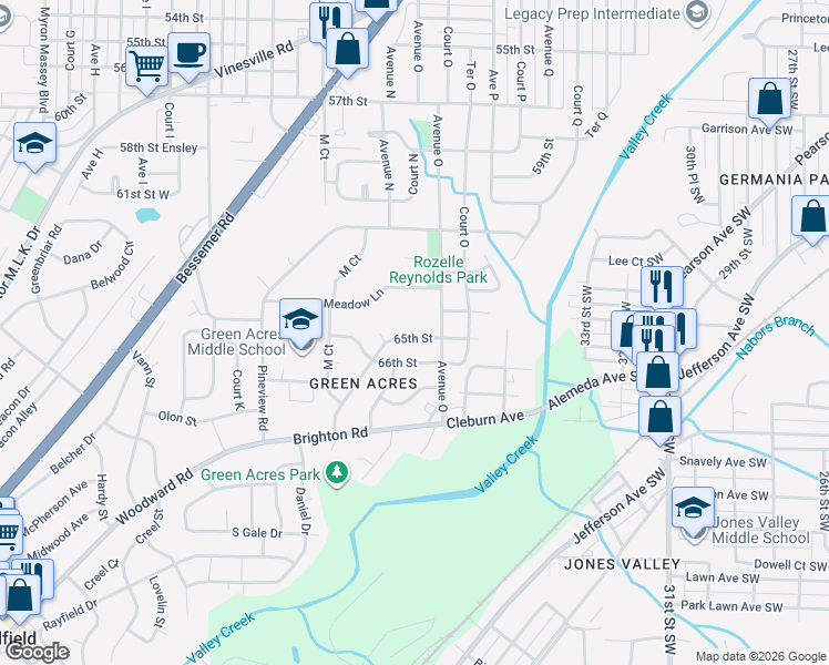map of restaurants, bars, coffee shops, grocery stores, and more near 1425 65th Street West in Birmingham