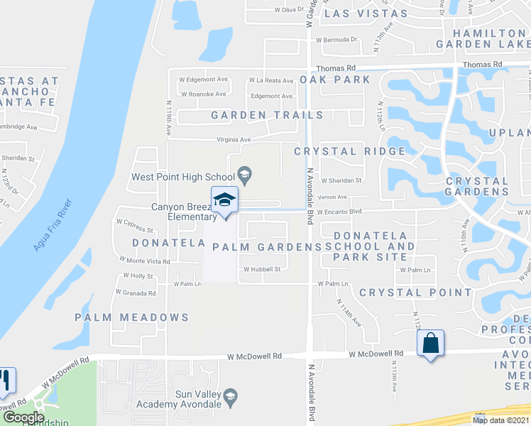 map of restaurants, bars, coffee shops, grocery stores, and more near 11675 West Encanto Boulevard in Avondale