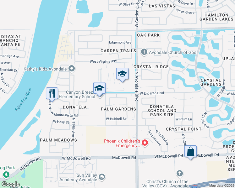 map of restaurants, bars, coffee shops, grocery stores, and more near 11675 West Encanto Boulevard in Avondale
