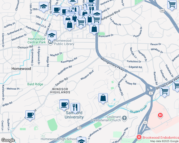 map of restaurants, bars, coffee shops, grocery stores, and more near 1845 Windsor Boulevard in Birmingham