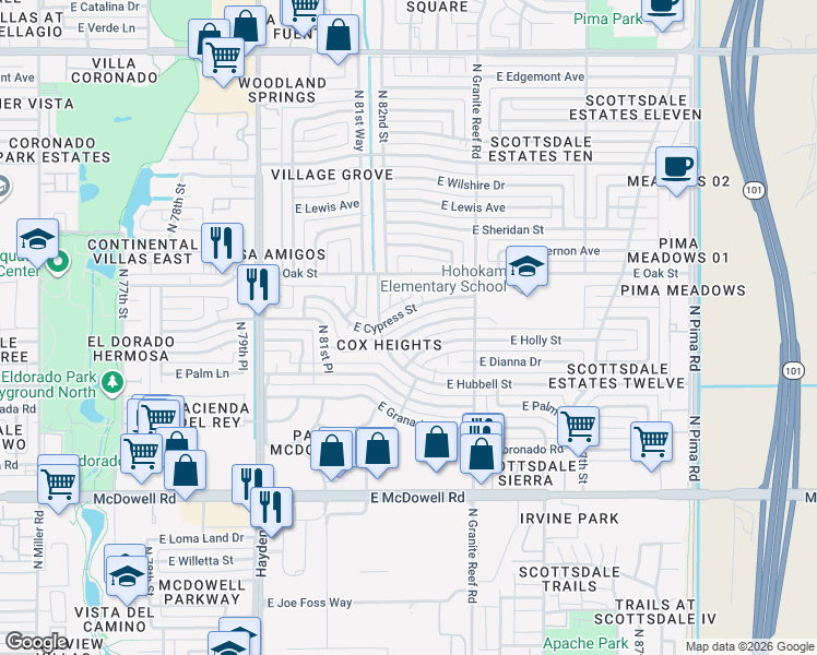 map of restaurants, bars, coffee shops, grocery stores, and more near 8261 East Monte Vista Road in Scottsdale