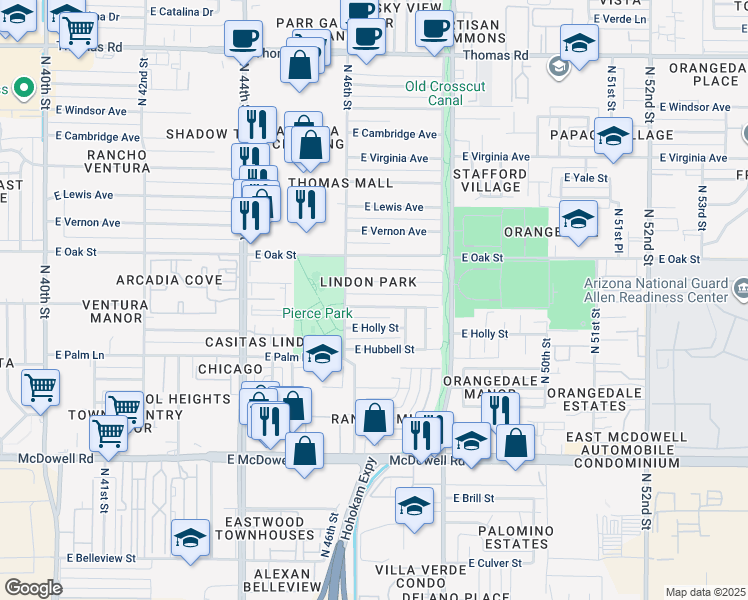 map of restaurants, bars, coffee shops, grocery stores, and more near 4637 East Monte Vista Road in Phoenix