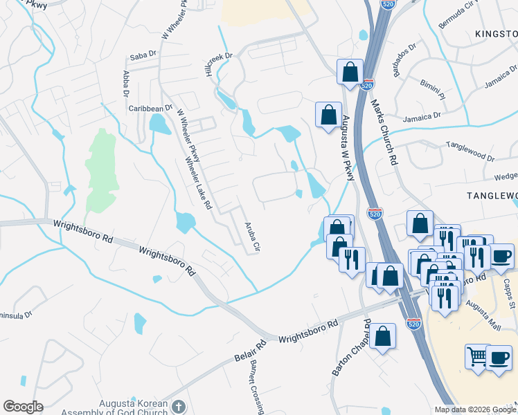 map of restaurants, bars, coffee shops, grocery stores, and more near 1163 Brookstone Way in Augusta