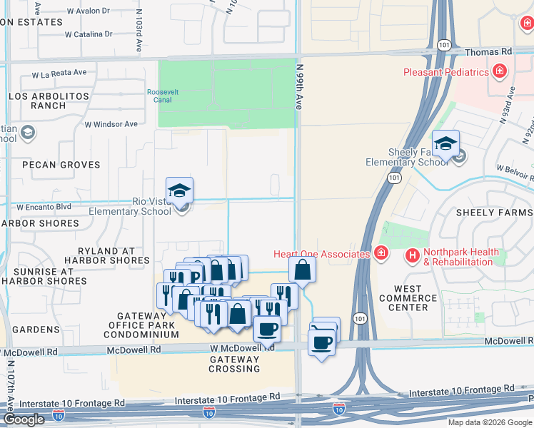map of restaurants, bars, coffee shops, grocery stores, and more near 9901-10103 West Encanto Boulevard in Avondale