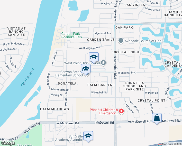 map of restaurants, bars, coffee shops, grocery stores, and more near 11770 West Encanto Boulevard in Avondale