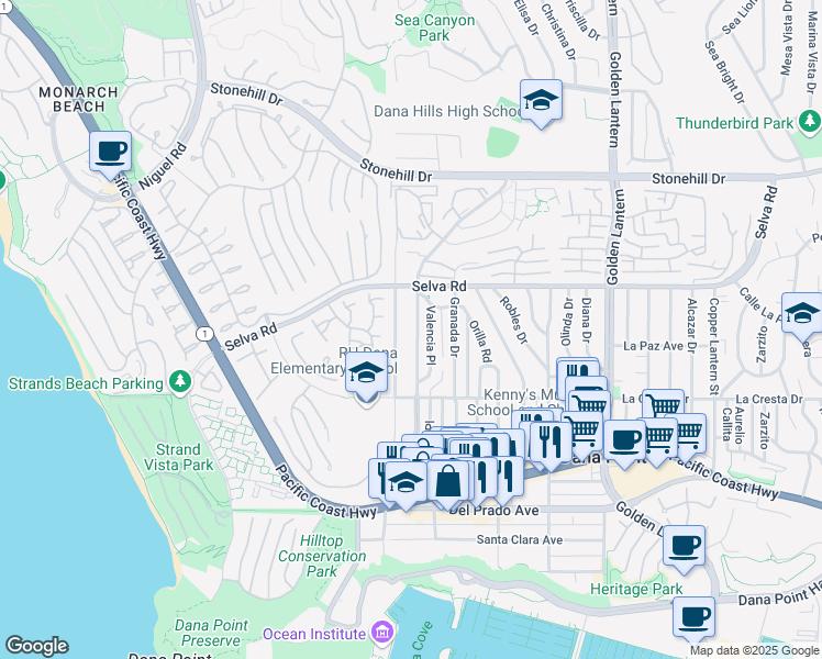 map of restaurants, bars, coffee shops, grocery stores, and more near 33841 Street of the Blue Lantern in Dana Point