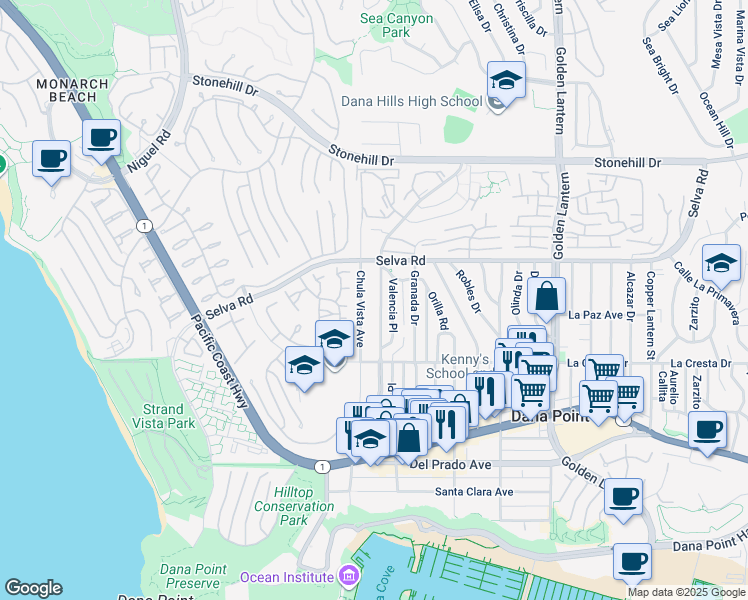 map of restaurants, bars, coffee shops, grocery stores, and more near 33841 Street of the Blue Lantern in Dana Point