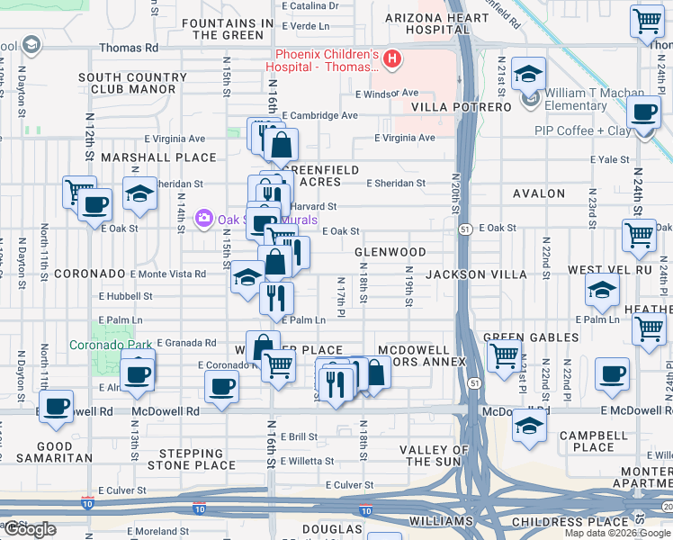 map of restaurants, bars, coffee shops, grocery stores, and more near 2045 North 17th Place in Phoenix