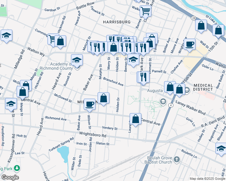 map of restaurants, bars, coffee shops, grocery stores, and more near 1209 Holden Drive in Augusta