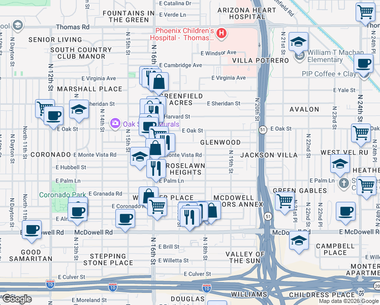 map of restaurants, bars, coffee shops, grocery stores, and more near 2045 North 17th Place in Phoenix