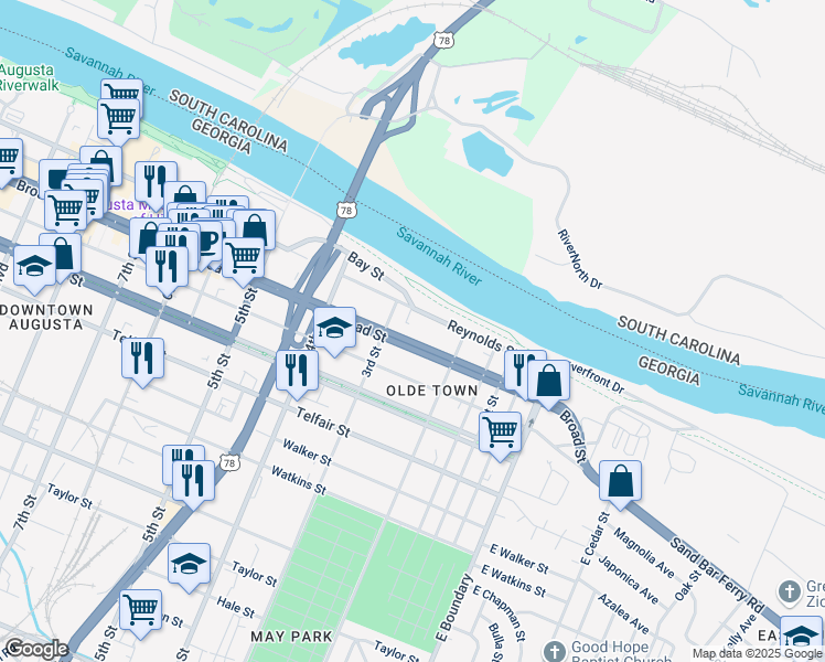 map of restaurants, bars, coffee shops, grocery stores, and more near 231 Broad Street in Augusta