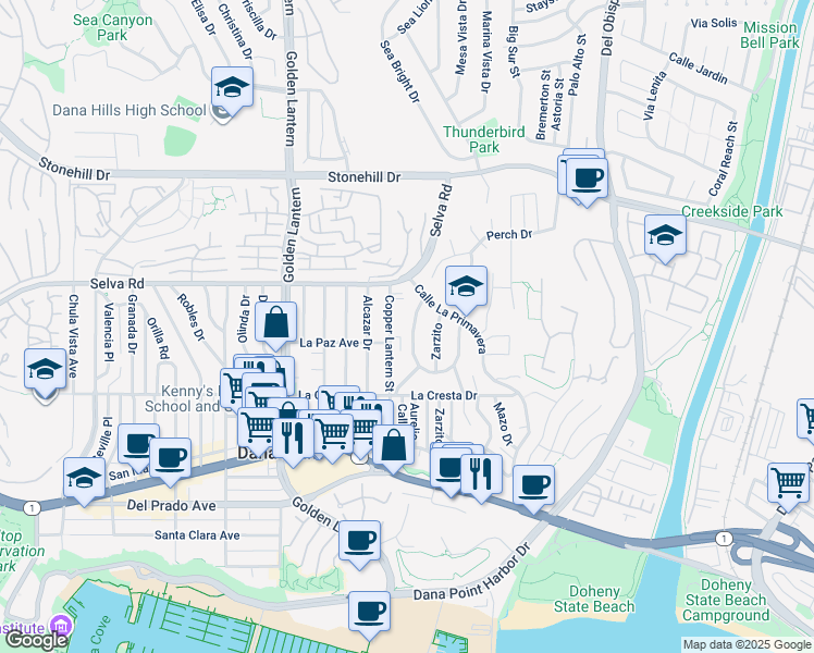 map of restaurants, bars, coffee shops, grocery stores, and more near 33831 Mariana Drive in Dana Point