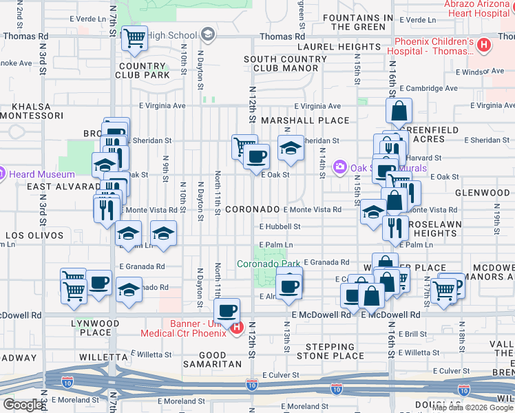 map of restaurants, bars, coffee shops, grocery stores, and more near in Phoenix