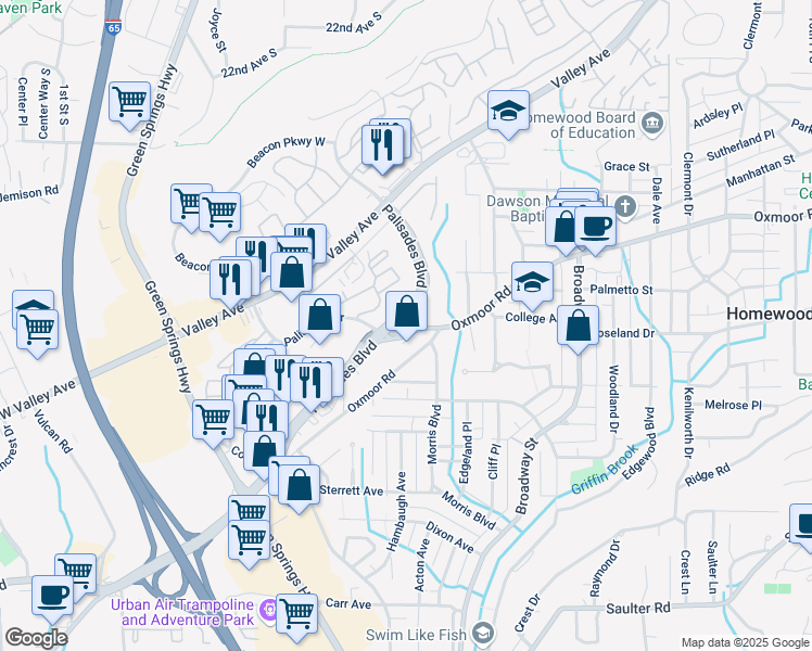 map of restaurants, bars, coffee shops, grocery stores, and more near 625 Palisades Boulevard in Birmingham