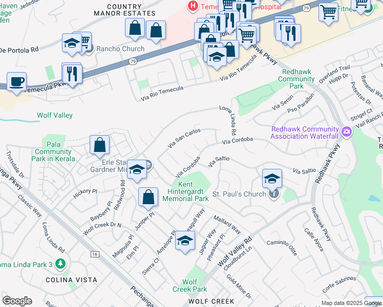 map of restaurants, bars, coffee shops, grocery stores, and more near 45059 Corte Bravo in Temecula