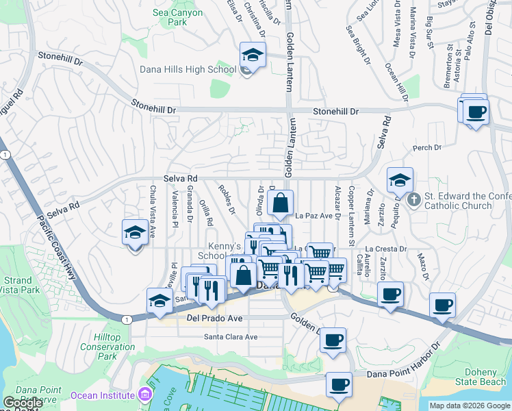 map of restaurants, bars, coffee shops, grocery stores, and more near 33859 Street of the Violet Lantern in Dana Point