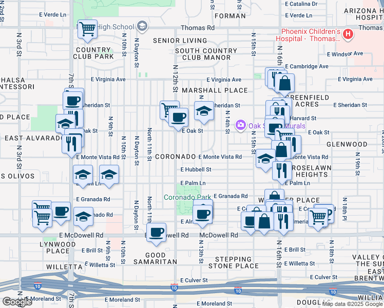 map of restaurants, bars, coffee shops, grocery stores, and more near 2034 North 13th Street in Phoenix