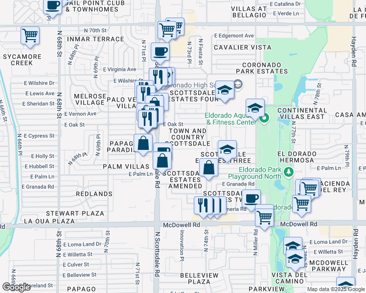 map of restaurants, bars, coffee shops, grocery stores, and more near 7301 East Monte Vista Road in Scottsdale