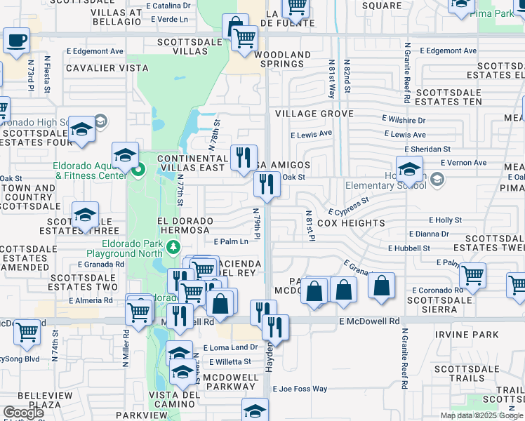 map of restaurants, bars, coffee shops, grocery stores, and more near 2033 North 79th Place in Scottsdale