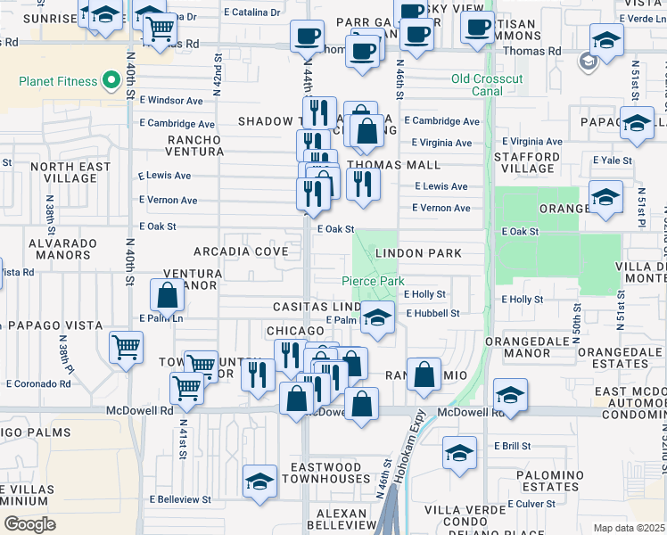 map of restaurants, bars, coffee shops, grocery stores, and more near 2121 North 44th Street in Phoenix