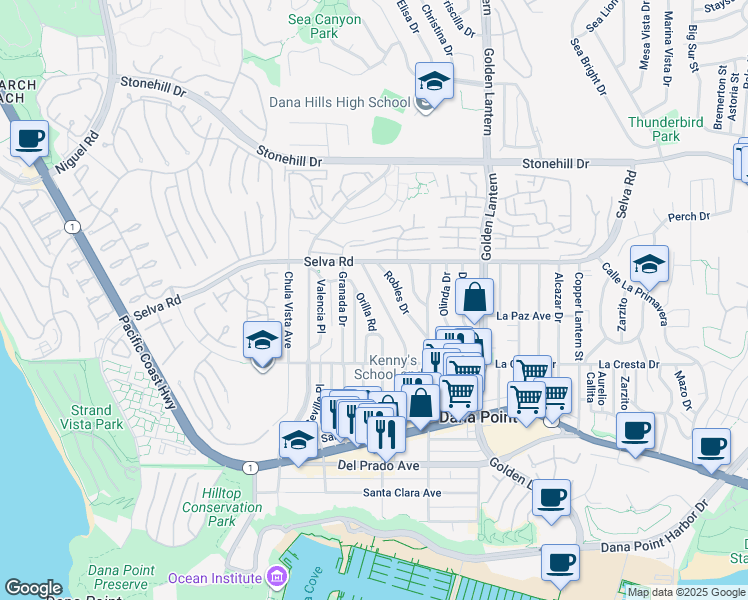 map of restaurants, bars, coffee shops, grocery stores, and more near 33821 El Encanto Avenue in Dana Point