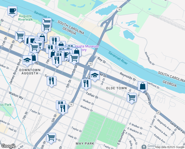 map of restaurants, bars, coffee shops, grocery stores, and more near 208 4th Street in Augusta