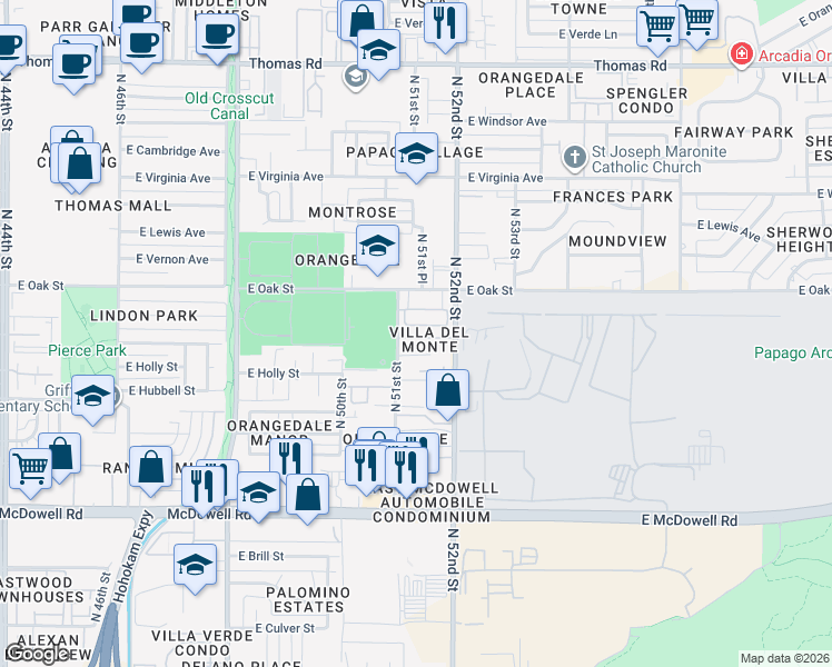 map of restaurants, bars, coffee shops, grocery stores, and more near 5161 East Monte Vista Road in Phoenix