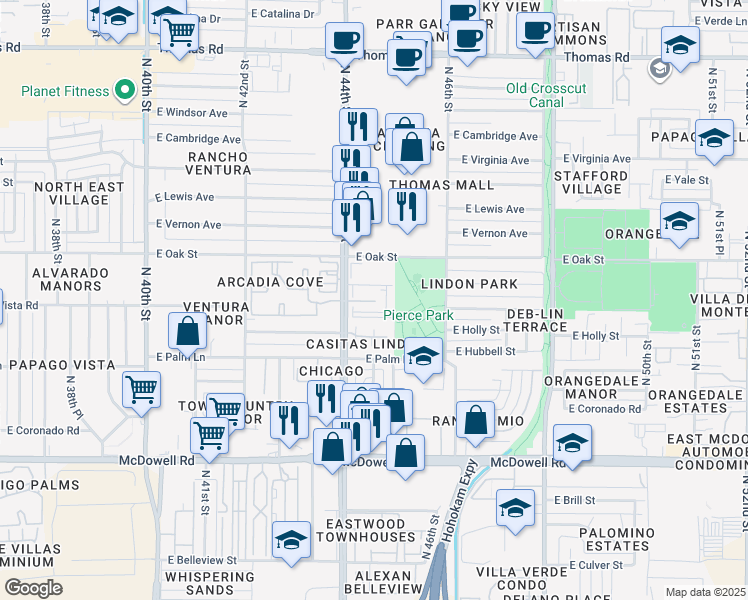 map of restaurants, bars, coffee shops, grocery stores, and more near 2121 North 44th Street in Phoenix