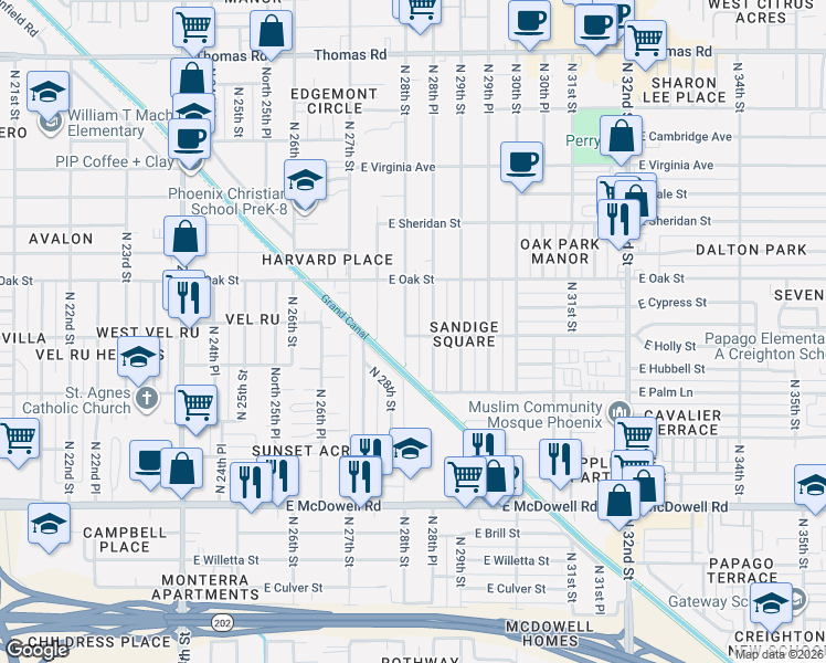 map of restaurants, bars, coffee shops, grocery stores, and more near 2115 North 28th Street in Phoenix