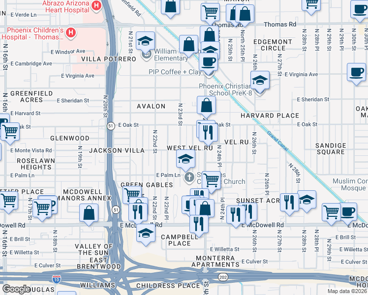 map of restaurants, bars, coffee shops, grocery stores, and more near 2045 North 23rd Street in Phoenix