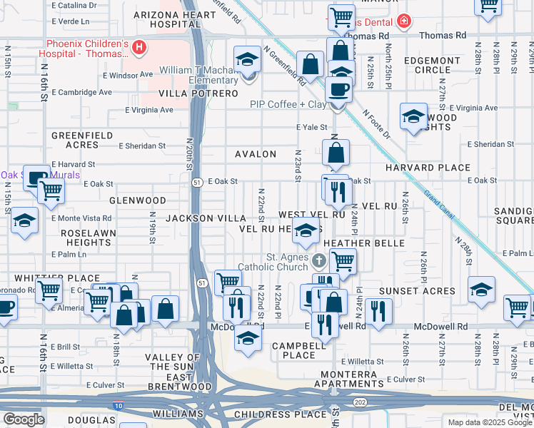 map of restaurants, bars, coffee shops, grocery stores, and more near 2046 North 22nd Street in Phoenix
