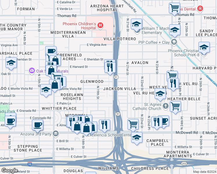 map of restaurants, bars, coffee shops, grocery stores, and more near 1947 East Monte Vista Road in Phoenix