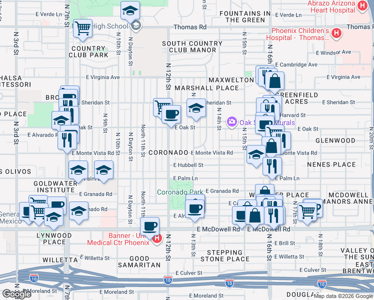 map of restaurants, bars, coffee shops, grocery stores, and more near 2034 North 13th Street in Phoenix
