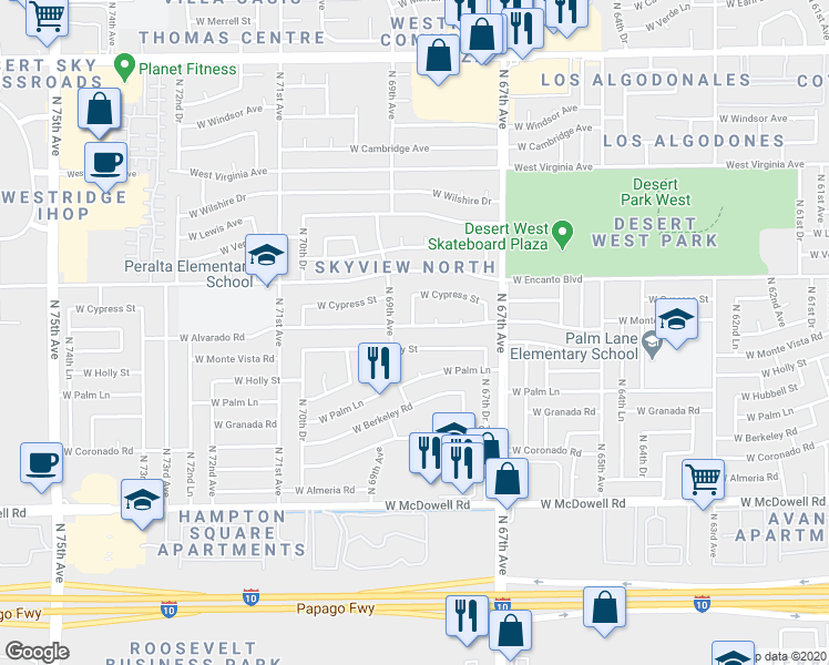 map of restaurants, bars, coffee shops, grocery stores, and more near 6814 West Holly Street in Phoenix