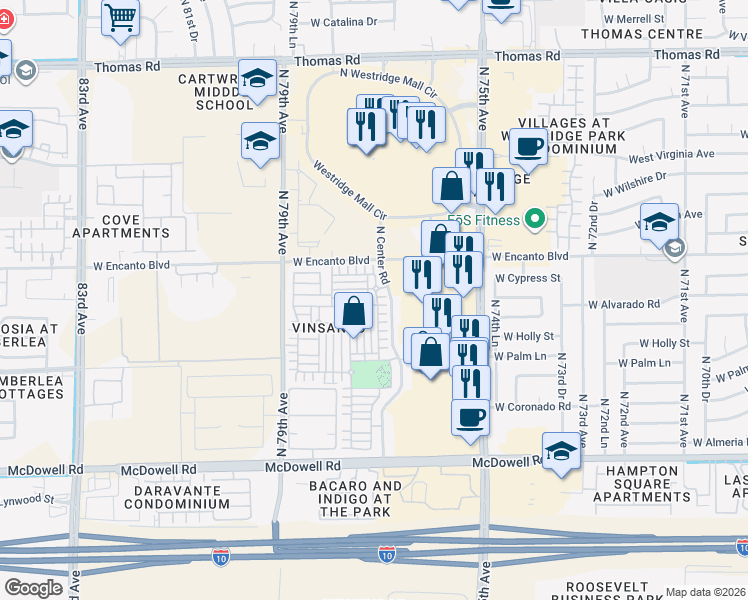 map of restaurants, bars, coffee shops, grocery stores, and more near 2117 North 77th Lane in Phoenix