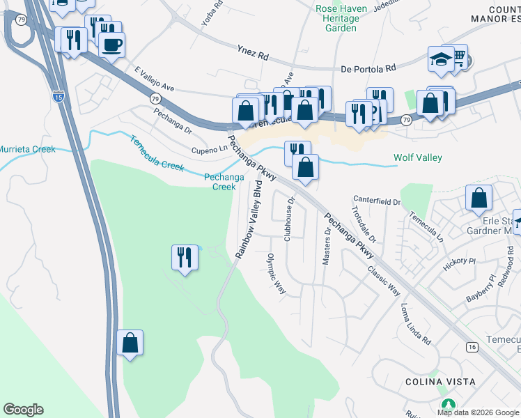 map of restaurants, bars, coffee shops, grocery stores, and more near 45616 Rainbow Valley Boulevard in Temecula