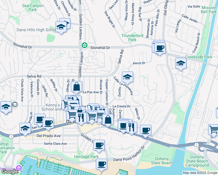 map of restaurants, bars, coffee shops, grocery stores, and more near 33861 Mariana Drive in Dana Point